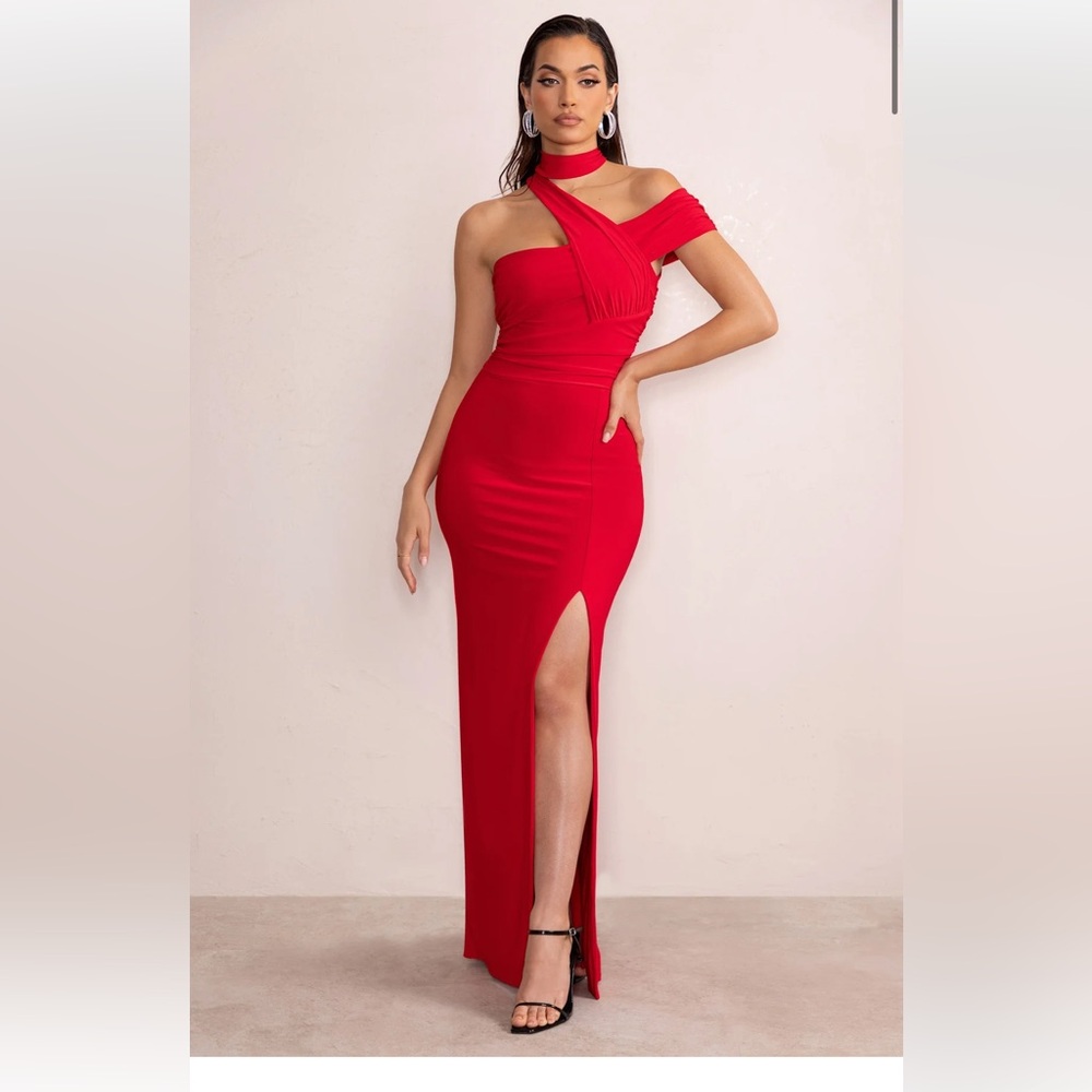Red Asymmetric off the shoulder ruched maxi dress with side split